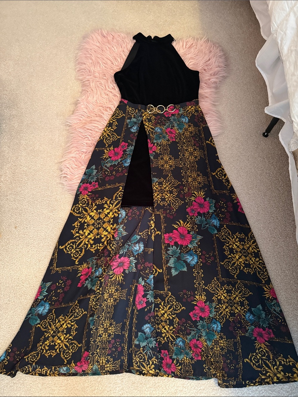 Thalia Sodi Black Maxi Skirt with Pink Floral & Gold Baroque Print